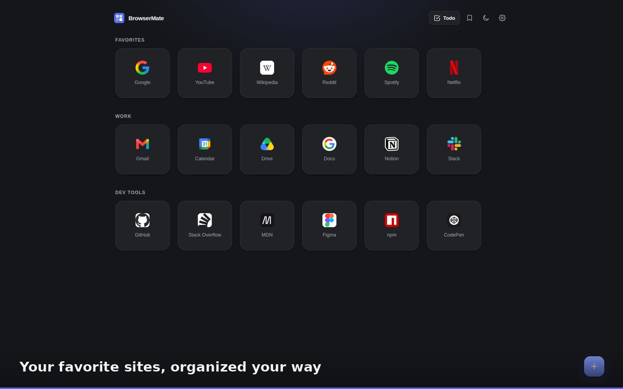 BrowserMate new tab showing organized shortcut groups in dark mode