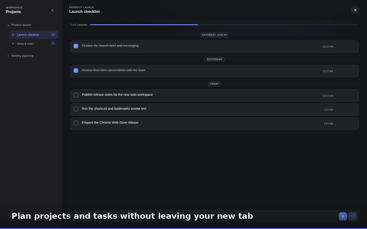BrowserMate todo workspace with projects and a focused task list